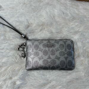 Coach Metallic Silver Wristlet with Logo Design